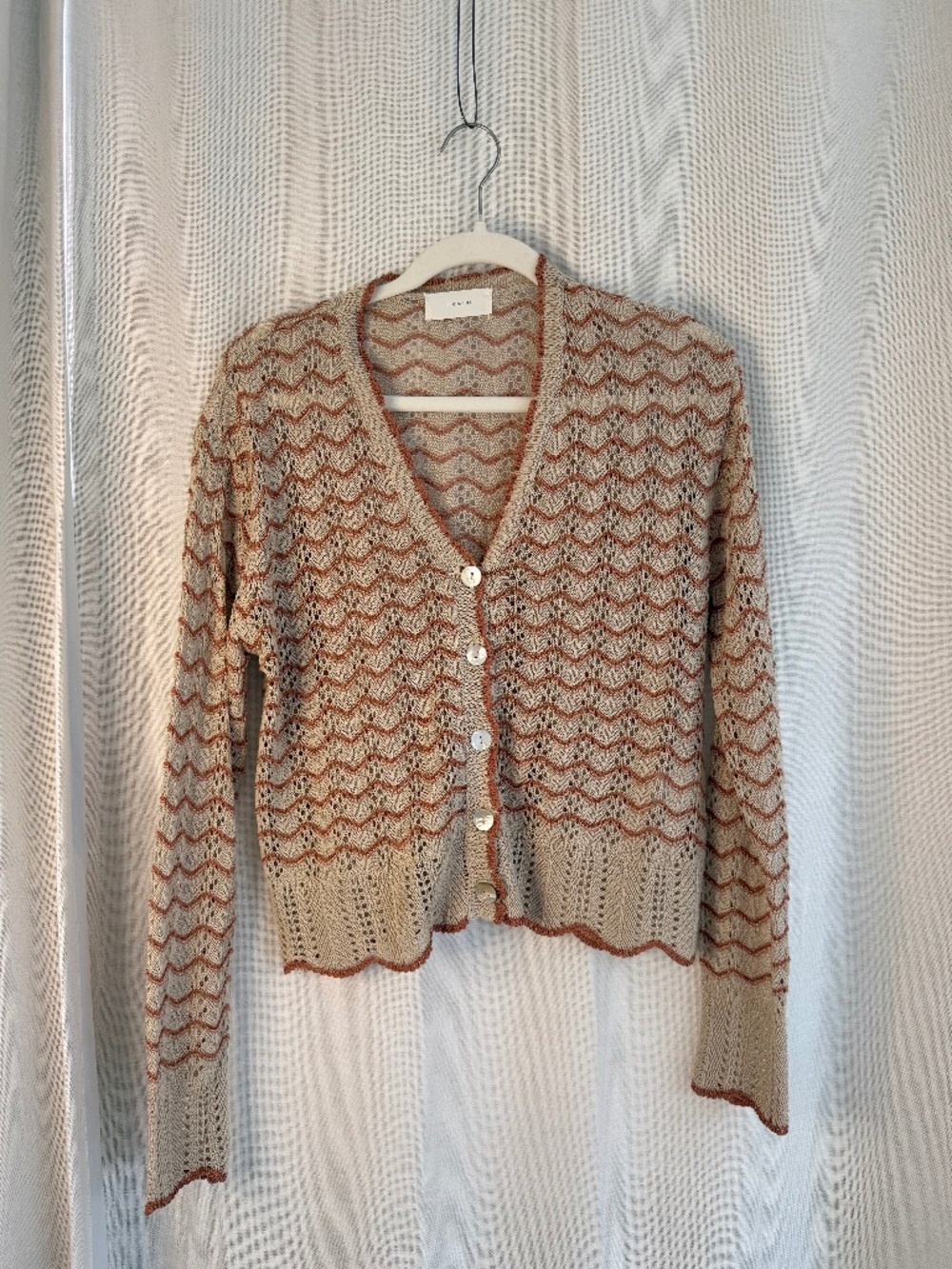 PIGMENT Korea Scallop Eyelet Cardigan – Wavy Pointelle Knit in Camel/Rust